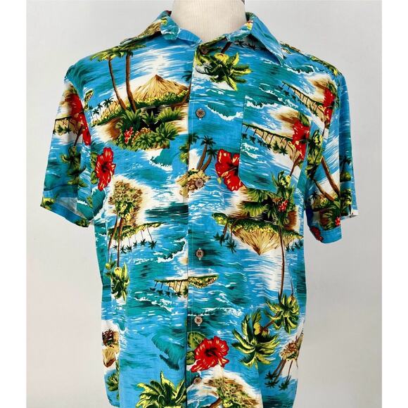 Oliver‎ & Burke Tropical Hibiscus Palm Tree Short Sleeve Button Down Shirt Sz L - Picture 1 of 7